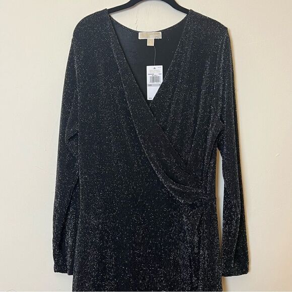 Michael Michael Kors, Metallic Knit Wrap Cocktail Dress, 1X Black, Gold, Silver - Picture 4 of 14